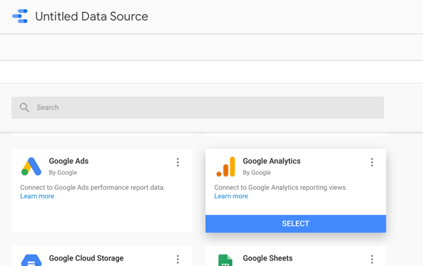 Utilisez Google Data Studio pour analyser vos publicités Facebook, étape 2, option pour utiliser Google Analytics comme source de données
