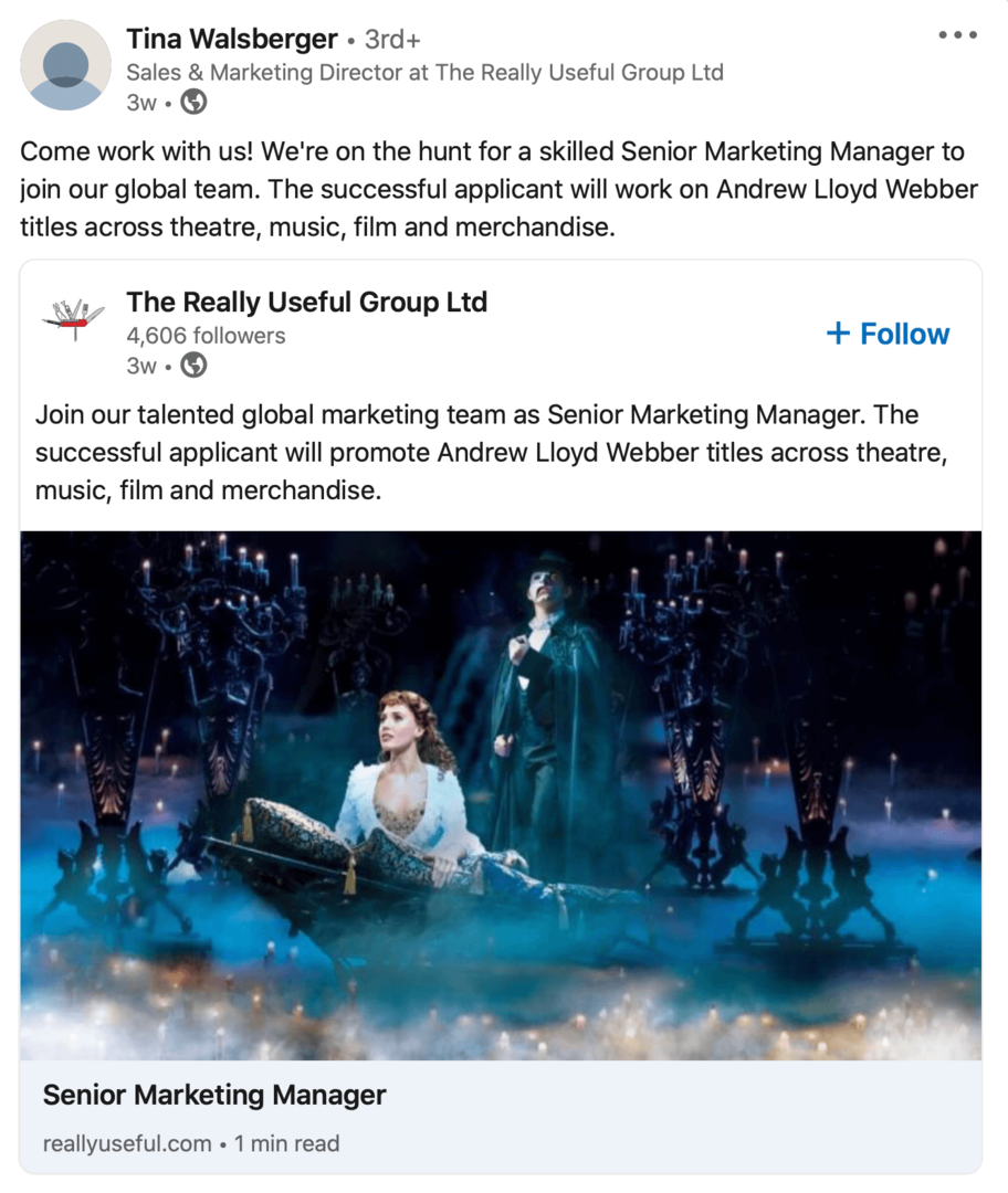 image de la publication de recrutement de la page d'entreprise de LinkedIn repartagée par l'employé sur son profil personnel