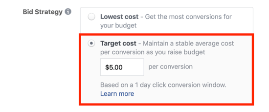 Option d'enchères à coût cible Facebook.