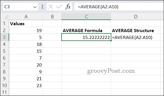 Exemple de formule MOYENNE dans Excel
