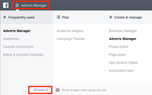 Accédez au menu Facebook Ads Manager et sélectionnez Tous les outils.