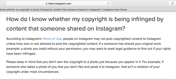 Le centre d'aide d'Instagram décrit certaines directives en matière de droits d'auteur.