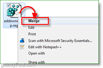 Capture d'écran de Windows 7 - Fusionner la correction de clé de registre
