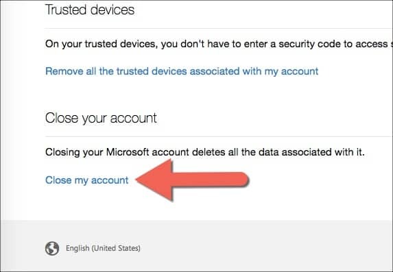 lien de fermeture de compte Microsoft