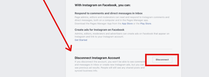 étape 2 pour déconnecter le compte Instagram dans les paramètres de la page Facebook
