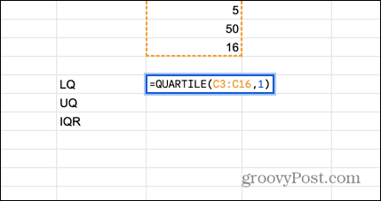 Google Sheets formule du quartile inférieur