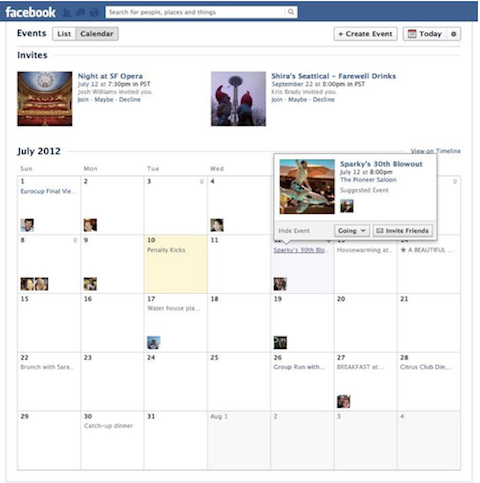 vue du calendrier des événements facebook