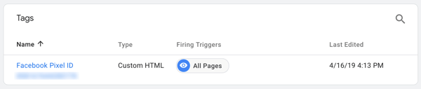 Utilisez Google Tag Manager avec Facebook, étape 7, voir la balise nommée d'après votre pixel Facebook