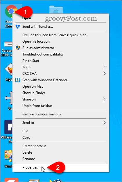 Sélectionnez Propriétés pour le raccourci sur le bureau Chrome