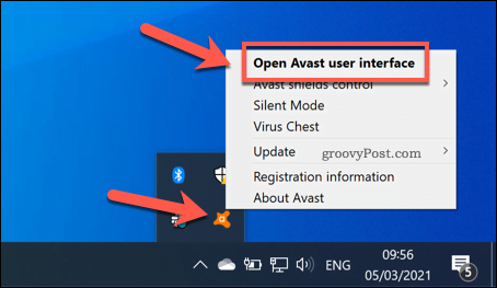 Ouverture du menu utilisateur Avast