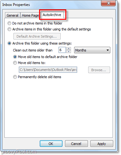 Onglet Dossier d'archivage automatique d'Outlook 2010