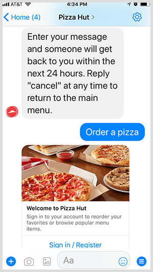 Pizza Hut automatise la commande de pizza via le bot Messenger.