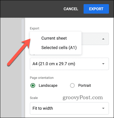 Choisir l'option d'exportation pour l'exportation PDF dans Google Sheets