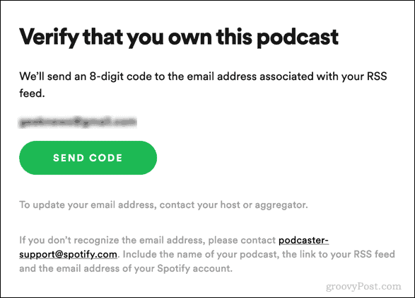 envoyer le code de vérification pour le podcast spotify