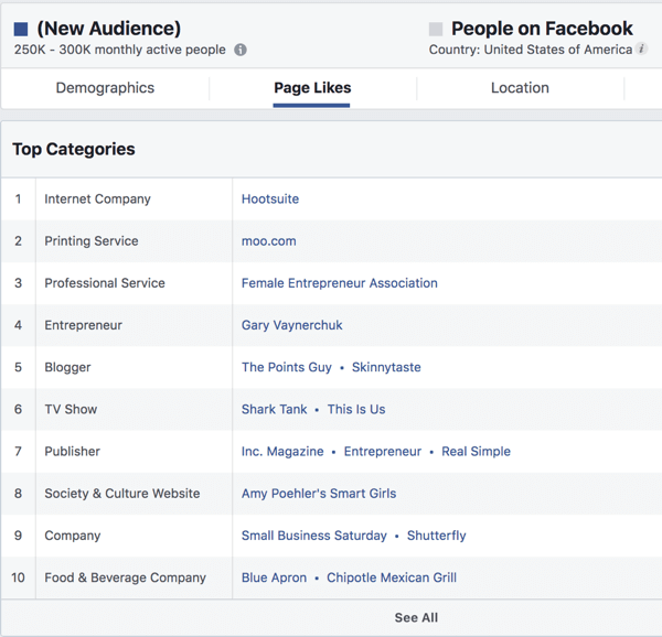 Aime les pages pour une audience basée sur les intérêts dans Facebook Ads Manager.