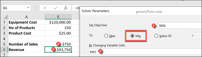 Définition des variables du solveur Excel