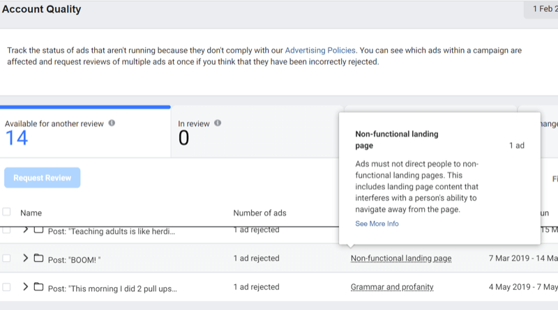 étape 3 de l'utilisation de l'outil de qualité de compte Facebook