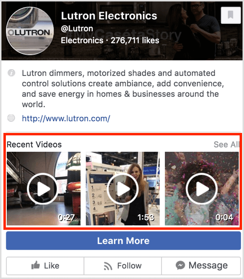 Un aperçu de la page Facebook montrant des vidéos récentes.