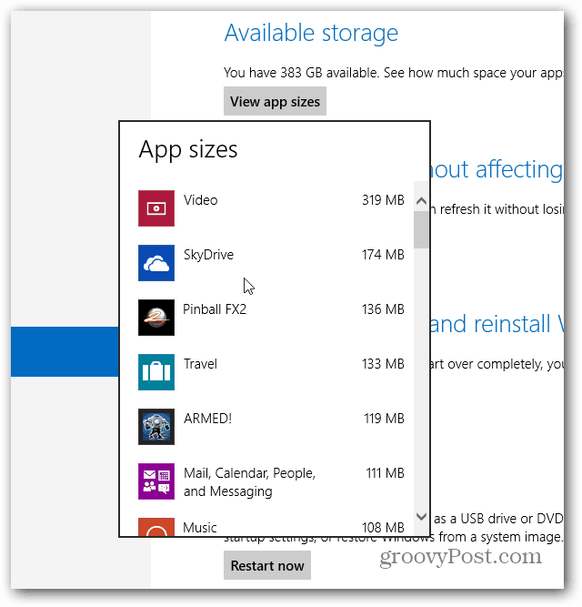Tailles des applications Windows affichées