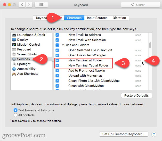 Cliquez sur Aucun pour ajouter un raccourci vers le service Nouveau terminal au dossier sur un Mac