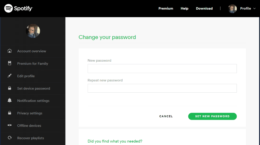 réinitialiser le mot de passe spotify