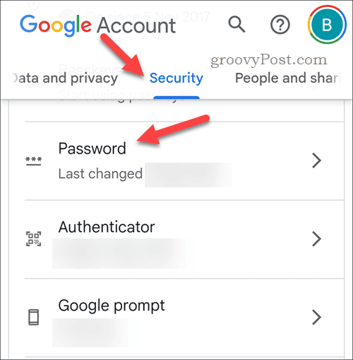 Ouvrez les paramètres du mot de passe du compte Google