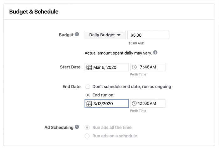 Section Budget et calendrier au niveau de l'ensemble d'annonces dans Facebook Ads Manager