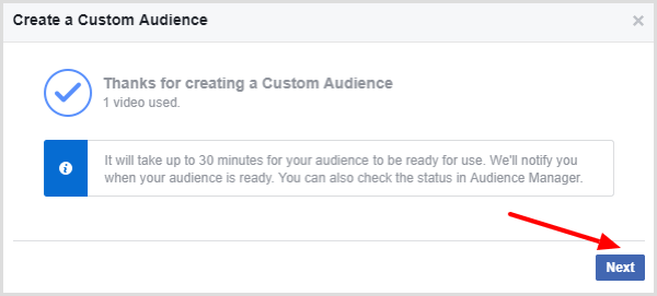 Facebook affiche un message qui confirme que votre audience personnalisée vidéo est terminée.