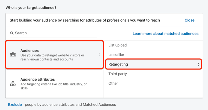 LinkedIn crée un public cible avec l'option de reciblage en surbrillance