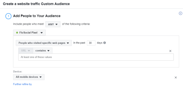 Utilisez l'outil de configuration des événements Facebook, étape 17, paramètres pour créer une audience Facebook personnalisée pour le trafic du site Web en fonction de l'appareil