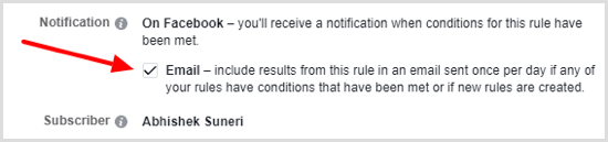 Options de notification pour la règle automatisée Facebook