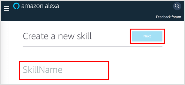 Tapez un nom pour votre compétence Alexa.