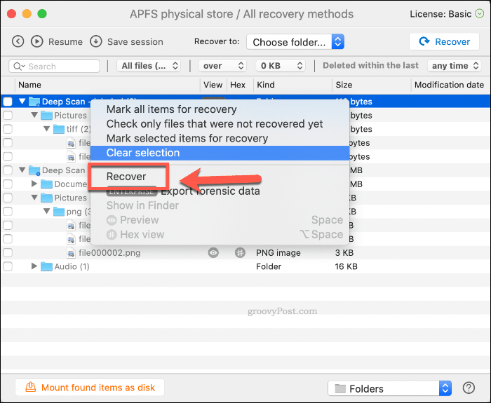 Récupération de fichiers supprimés dans Disk Drill sur macOS