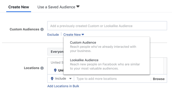 Options pour utiliser une audience personnalisée ou une audience similaire pour une campagne publicitaire Facebook.