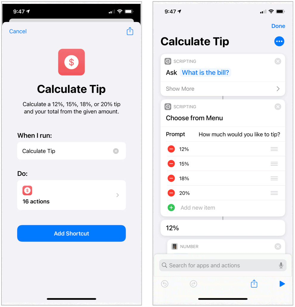 Raccourcis Siri Calcul des conseils