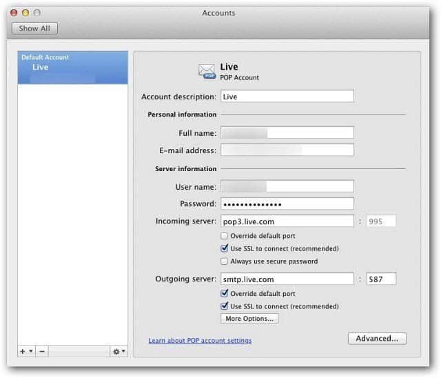 Microsoft Outlook Mac 2011: configurer Windows Live Mail à l'aide de POP3