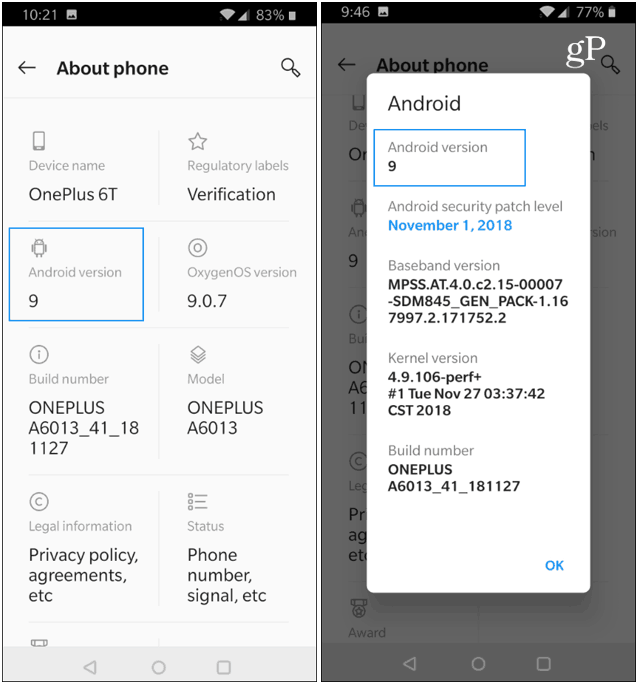 OnePlus À propos de la version Android du téléphone