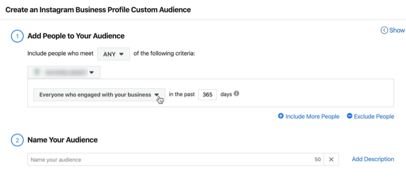 capture d'écran de la fenêtre Créer une audience personnalisée de profil d'entreprise Instagram avec les paramètres par défaut de Toutes les personnes qui se sont engagées avec votre entreprise au cours des 365 derniers jours