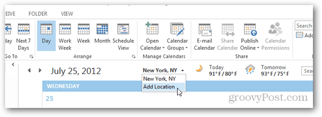 Tournée météo du calendrier Outlook 2013 - Cliquez sur Ajouter un emplacement