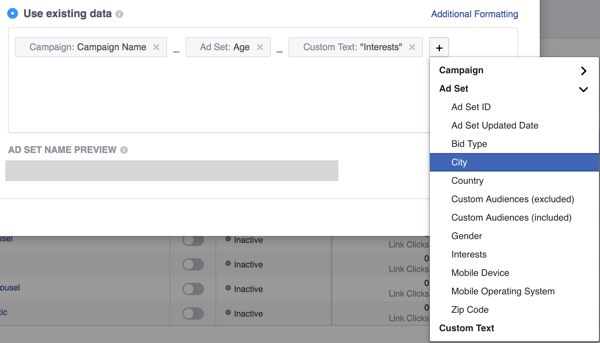 Ajoutez des champs pour configurer la convention de dénomination de vos publicités Facebook.