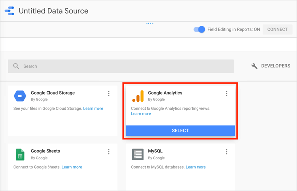 Sélectionnez le connecteur Google Analytics dans Google Data Studio.