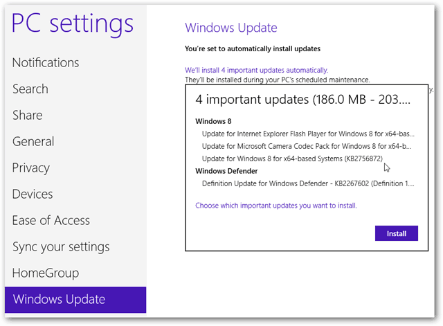 Mises à jour majeures de Windows 8