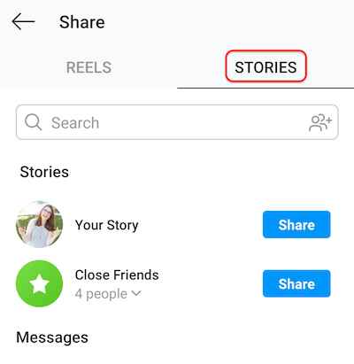 capture d'écran de l'écran de publication d'instagram montrant l'onglet des histoires permettant de partager des bobines avec votre histoire ou votre liste d'amis proches