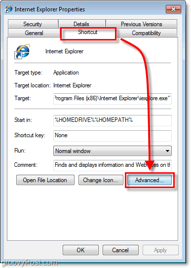 l'onglet de raccourci dans les propriétés de raccourci pour les raccourcis de Windows 7