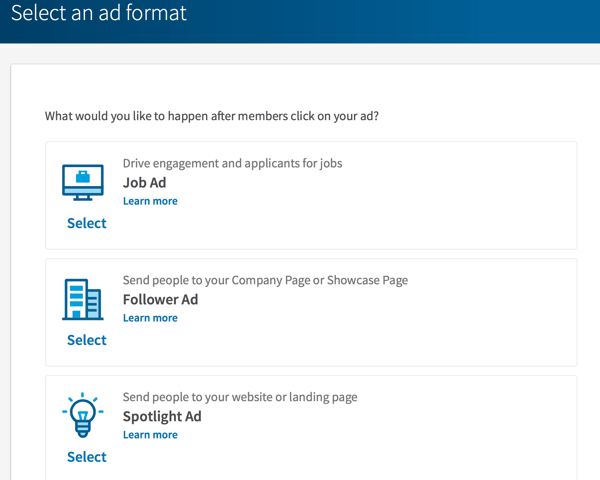 Options de format d'annonces dynamiques LinkedIn.