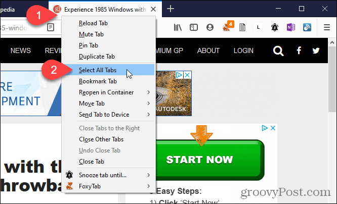 Choisissez Sélectionner tous les onglets dans Firefox