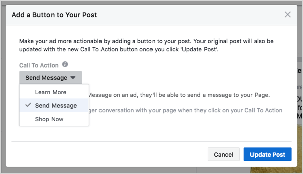 Sélection du bouton Facebook Messenger dans la création d'annonces.
