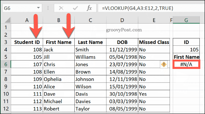 Un autre exemple d'une erreur NA avec RECHERCHEV dans Excel, en raison d'une plage de données mal triée