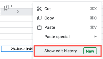 Faites un clic droit et choisissez Afficher l'historique des modifications dans Google Sheets