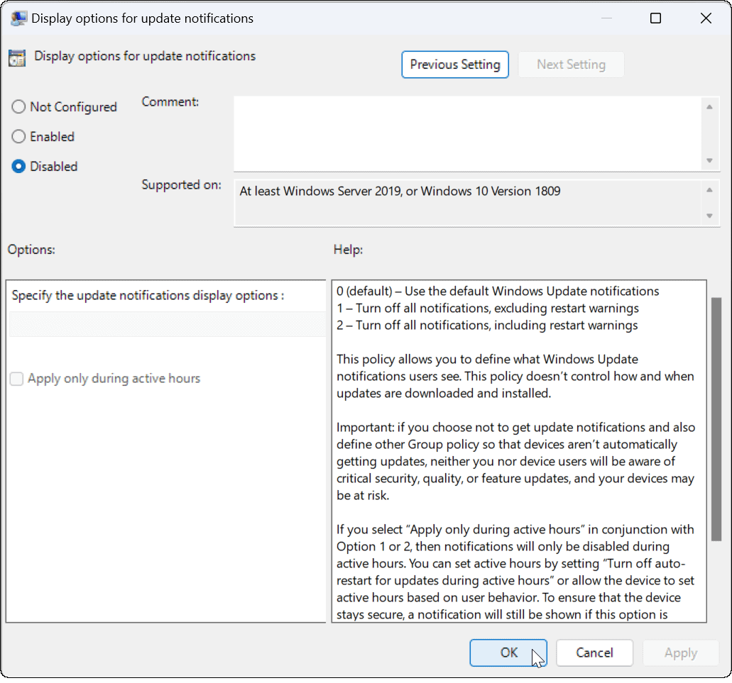 Désactiver les notifications de mise à jour sur Windows 11